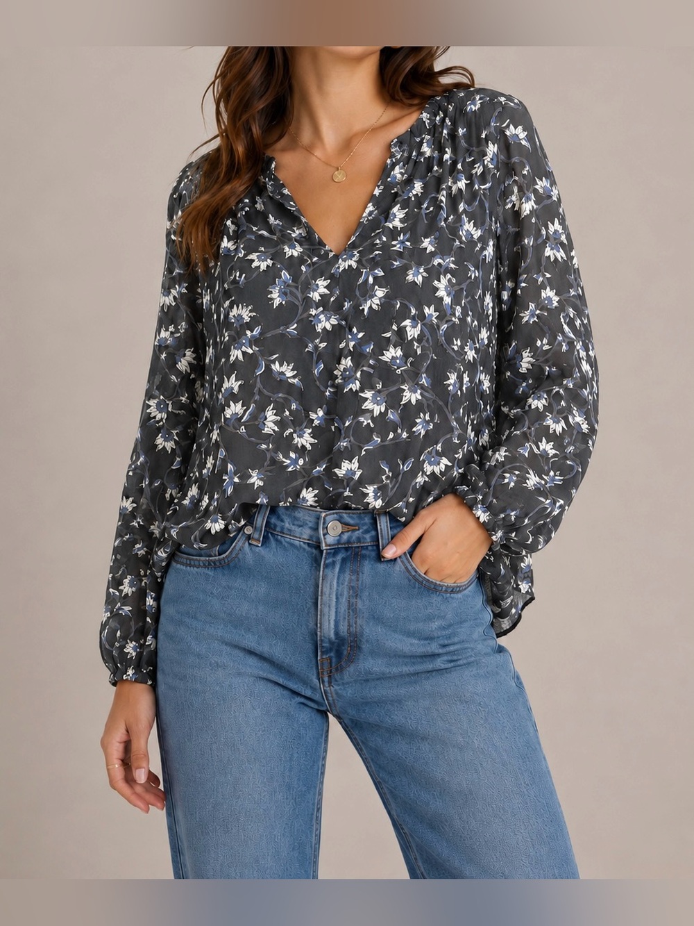 Faherty Charcoal Blue and White Floral Long Sleeve Blouse - Size L?